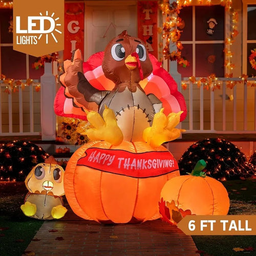 6ft Thanksgiving Inflatable Turkey on Pumpkin with LED Lights, US Plug, Outdoor Yard Decor