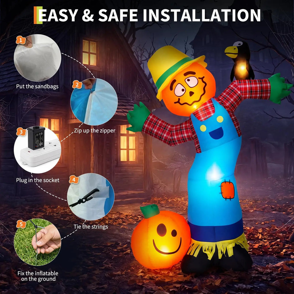 6ft Halloween Inflatable Pumpkin Scarecrow with LED Lights, Outdoor Yard Decor